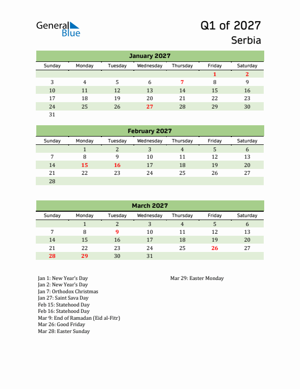 Quarterly Calendar 2027 with Serbia Holidays