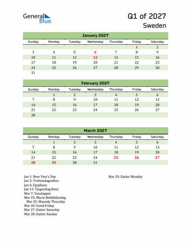 Quarterly Calendar 2027 with Sweden Holidays