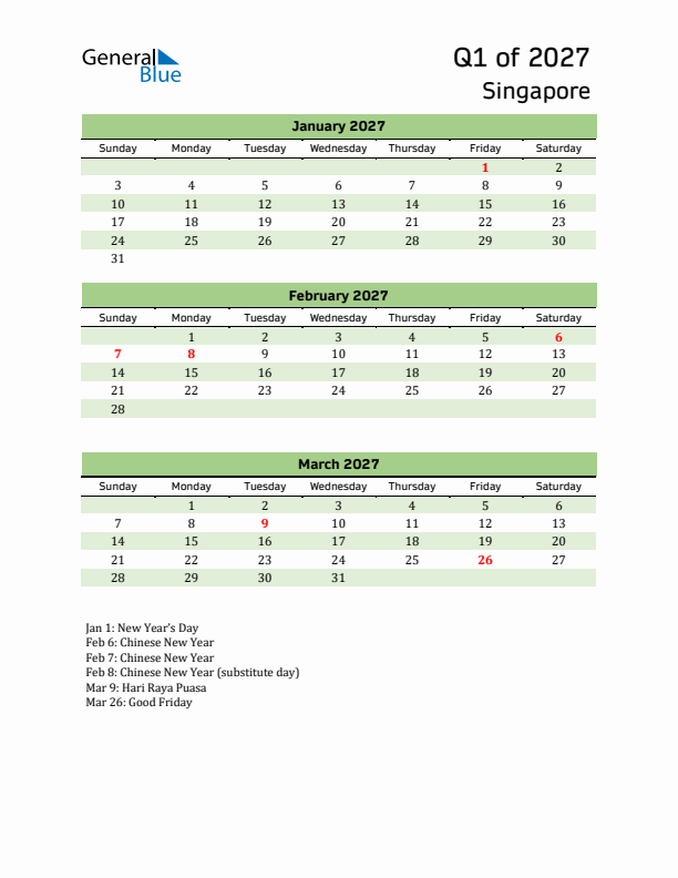 Quarterly Calendar 2027 with Singapore Holidays