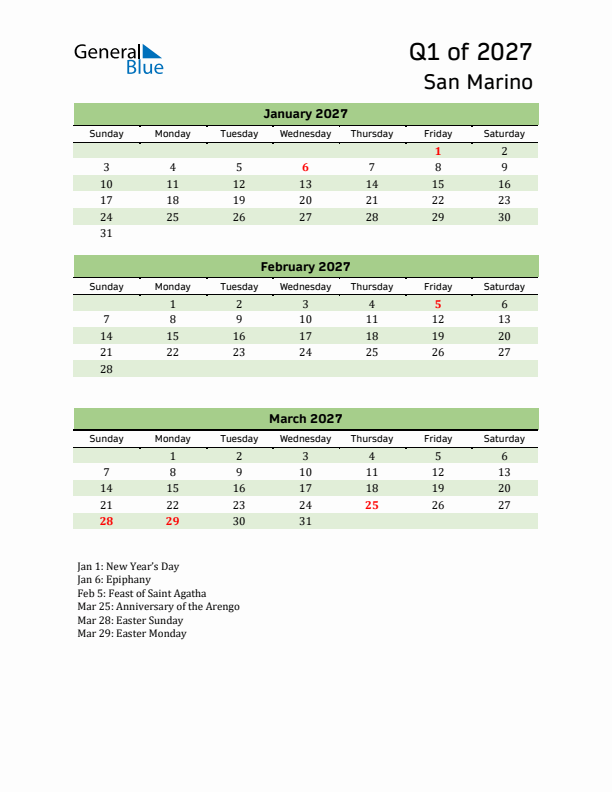 Quarterly Calendar 2027 with San Marino Holidays