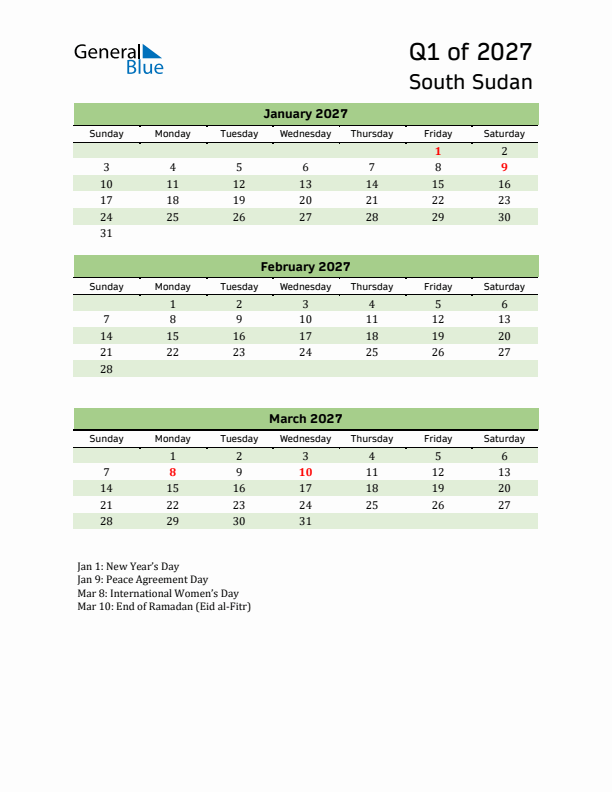 Quarterly Calendar 2027 with South Sudan Holidays