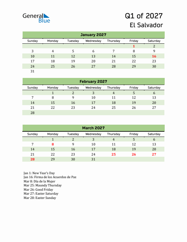 Quarterly Calendar 2027 with El Salvador Holidays