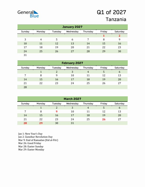 Quarterly Calendar 2027 with Tanzania Holidays