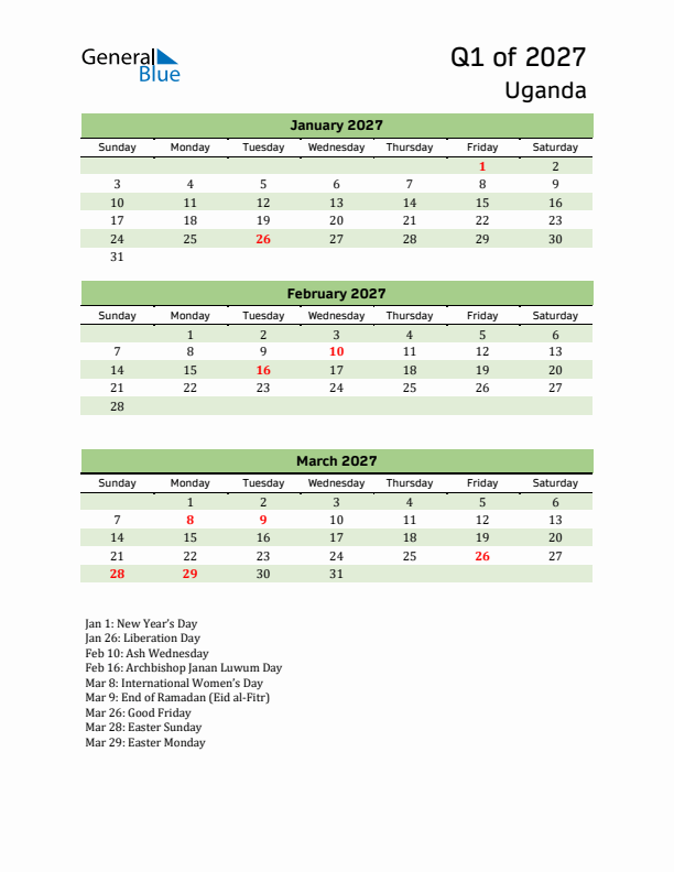 Quarterly Calendar 2027 with Uganda Holidays