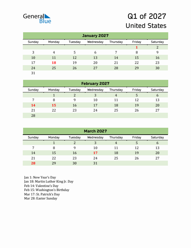 Quarterly Calendar 2027 with United States Holidays