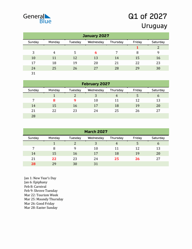 Quarterly Calendar 2027 with Uruguay Holidays