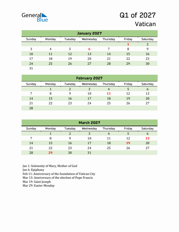 Quarterly Calendar 2027 with Vatican Holidays