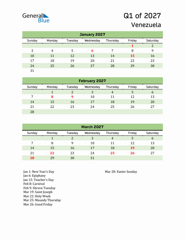 Quarterly Calendar 2027 with Venezuela Holidays