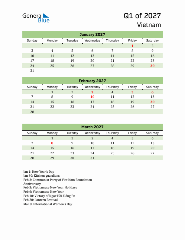 Quarterly Calendar 2027 with Vietnam Holidays