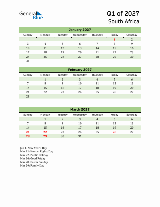 Quarterly Calendar 2027 with South Africa Holidays