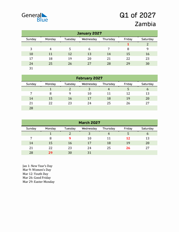 Quarterly Calendar 2027 with Zambia Holidays