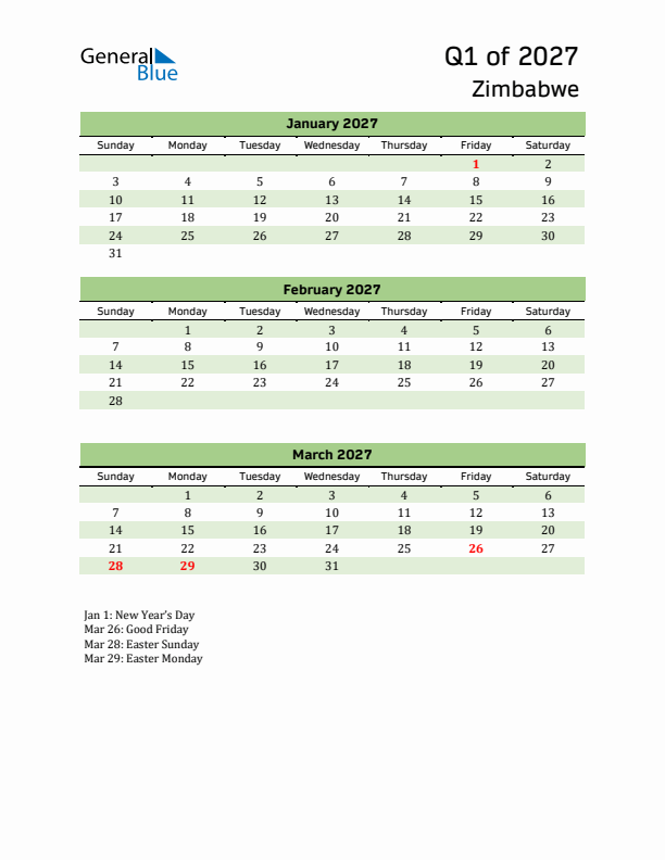 Quarterly Calendar 2027 with Zimbabwe Holidays