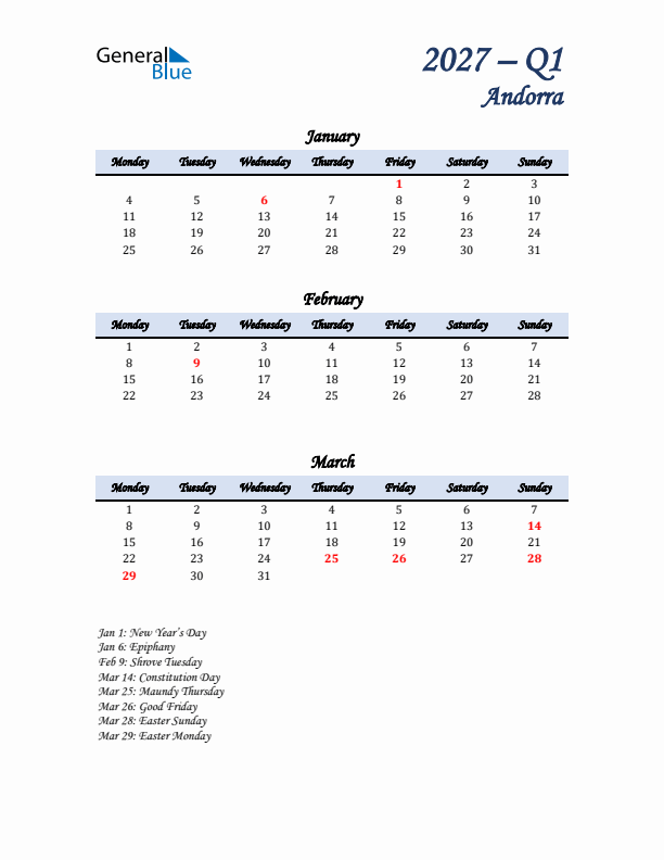 January, February, and March Calendar for Andorra with Monday Start