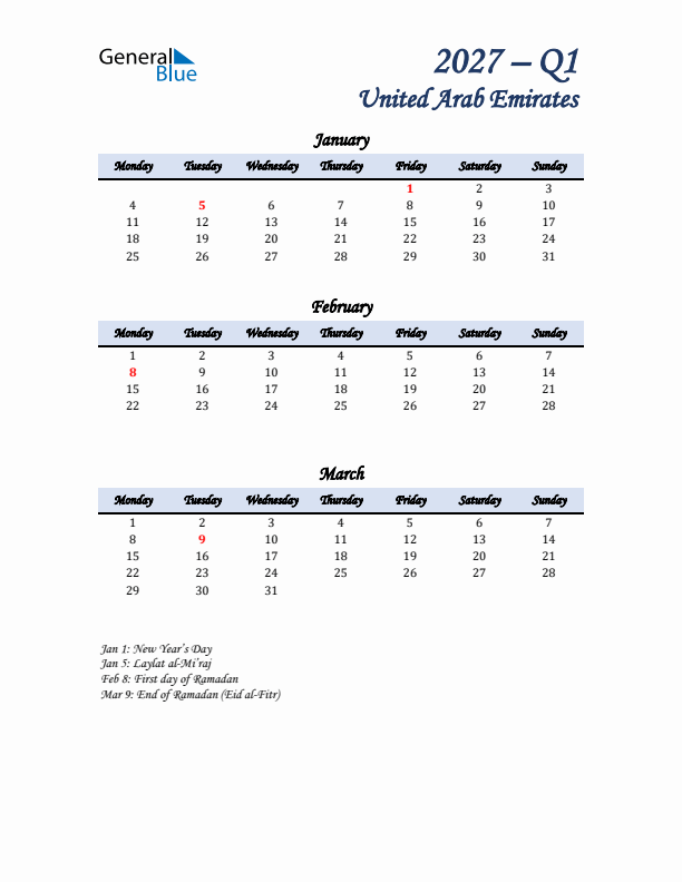 January, February, and March Calendar for United Arab Emirates with Monday Start