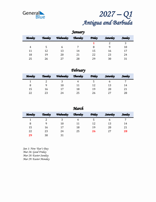 January, February, and March Calendar for Antigua and Barbuda with Monday Start