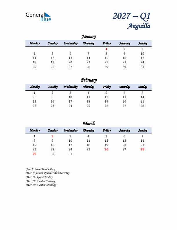 January, February, and March Calendar for Anguilla with Monday Start