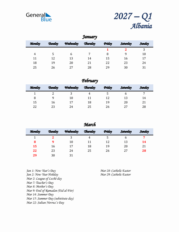 January, February, and March Calendar for Albania with Monday Start