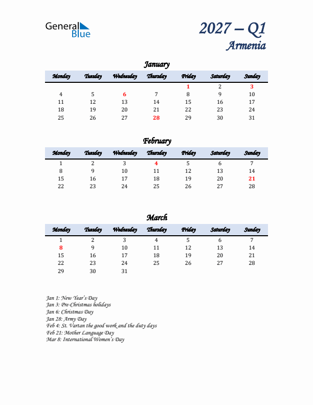 January, February, and March Calendar for Armenia with Monday Start