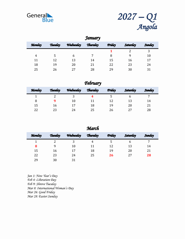 January, February, and March Calendar for Angola with Monday Start