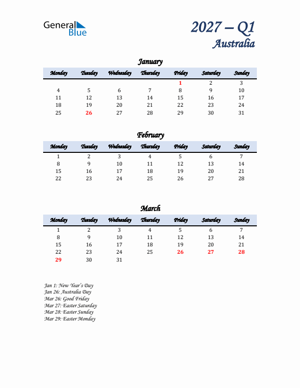 January, February, and March Calendar for Australia with Monday Start