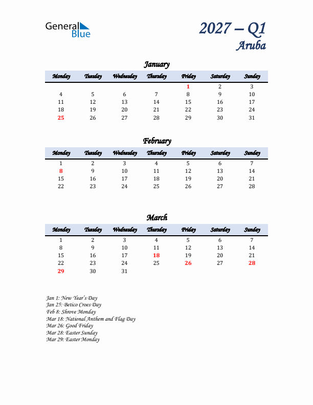 January, February, and March Calendar for Aruba with Monday Start