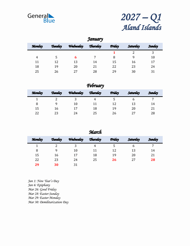 January, February, and March Calendar for Aland Islands with Monday Start