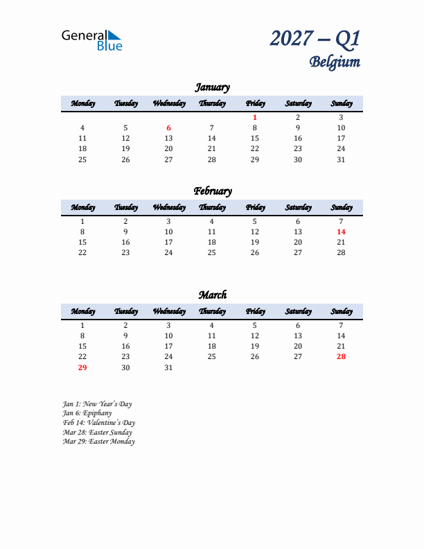 January, February, and March Calendar for Belgium with Monday Start