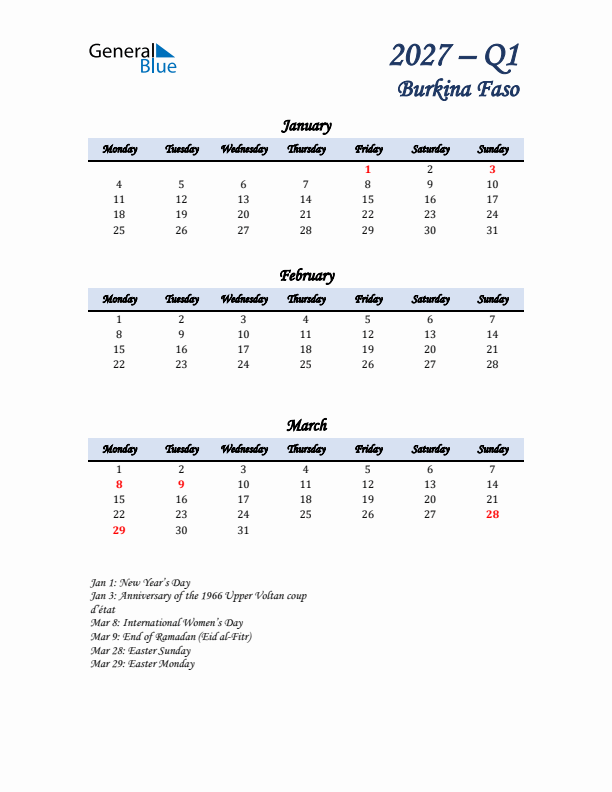 January, February, and March Calendar for Burkina Faso with Monday Start