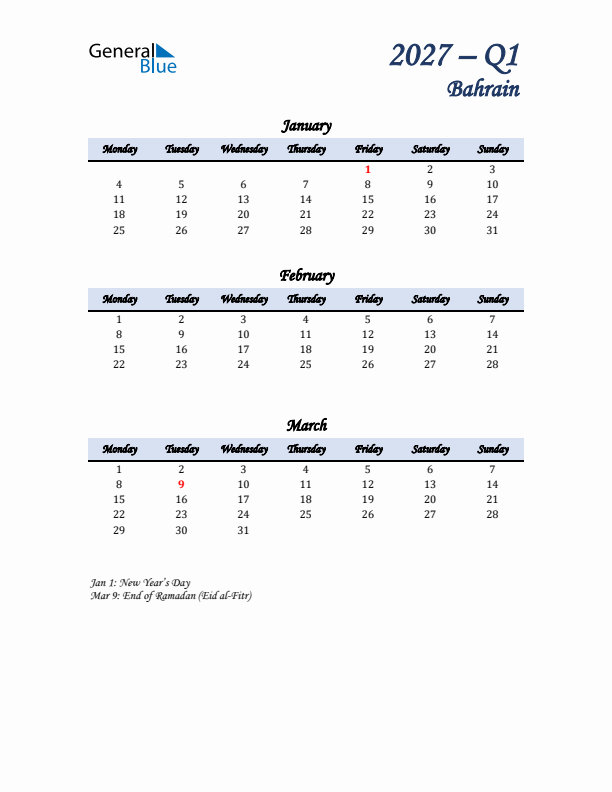 January, February, and March Calendar for Bahrain with Monday Start