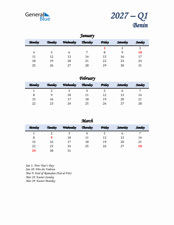 January, February, and March Calendar for Benin with Monday Start