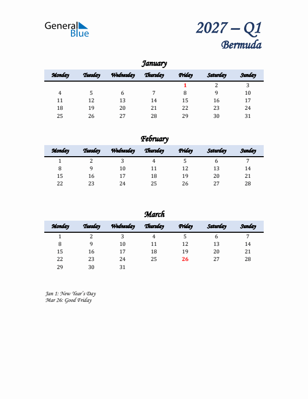 January, February, and March Calendar for Bermuda with Monday Start