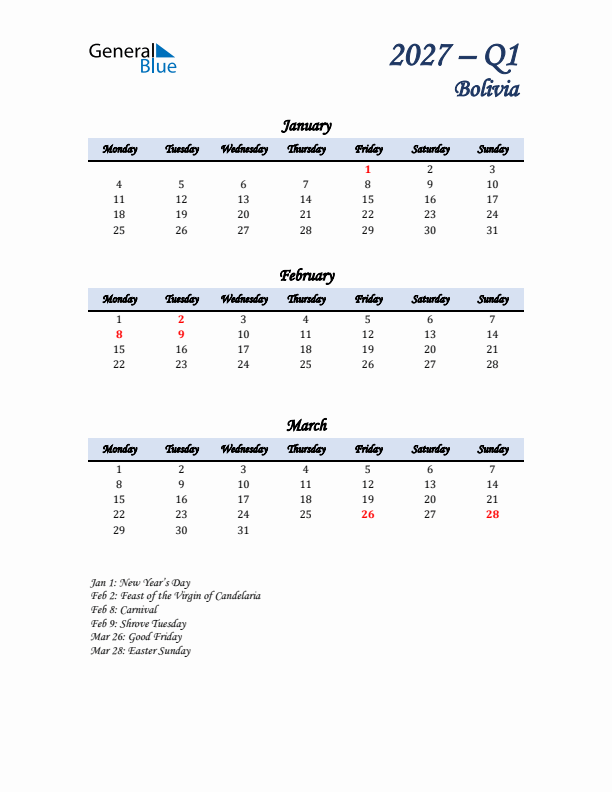 January, February, and March Calendar for Bolivia with Monday Start