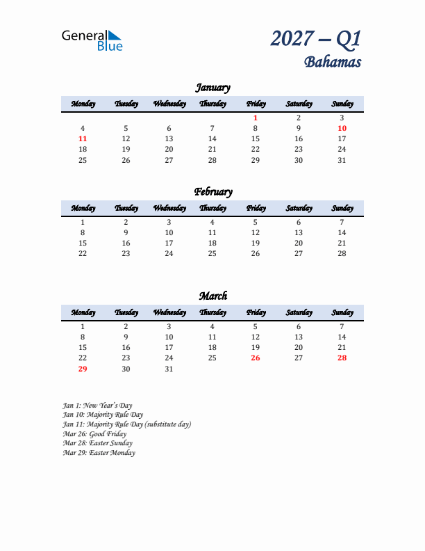 January, February, and March Calendar for Bahamas with Monday Start