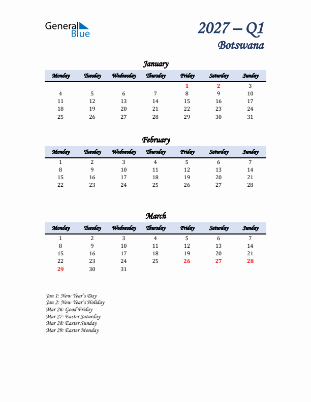 January, February, and March Calendar for Botswana with Monday Start