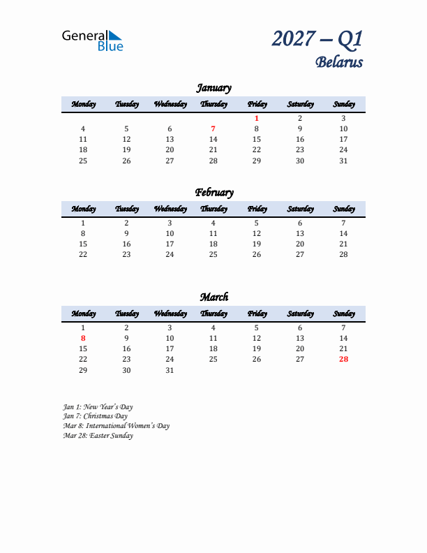 January, February, and March Calendar for Belarus with Monday Start