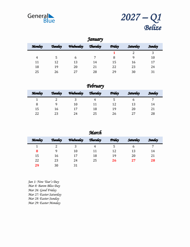 January, February, and March Calendar for Belize with Monday Start