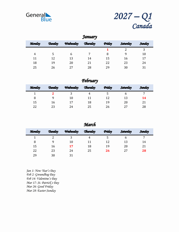 January, February, and March Calendar for Canada with Monday Start