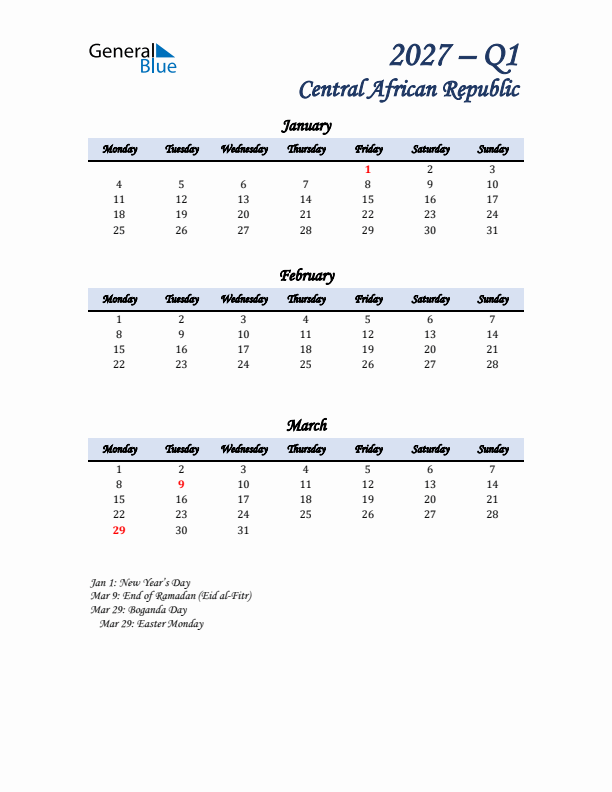 January, February, and March Calendar for Central African Republic with Monday Start