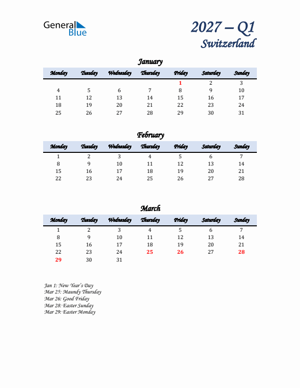 January, February, and March Calendar for Switzerland with Monday Start