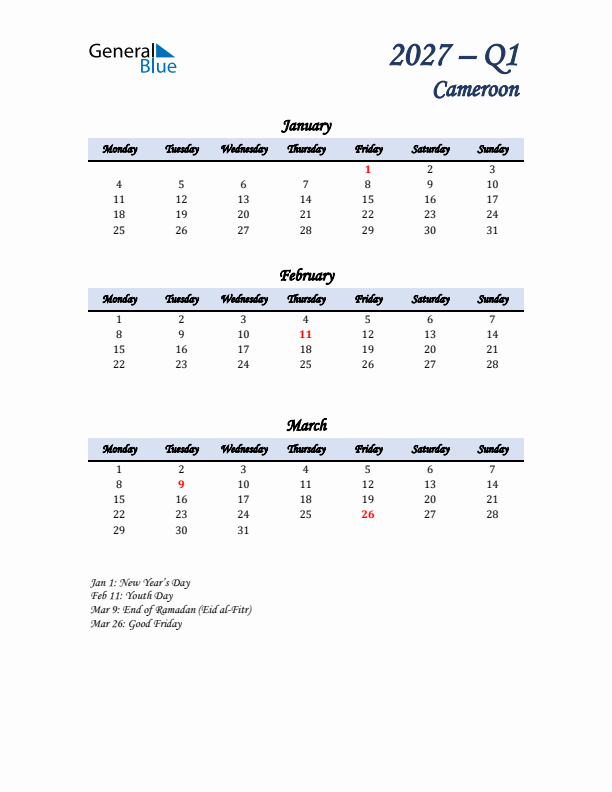 January, February, and March Calendar for Cameroon with Monday Start