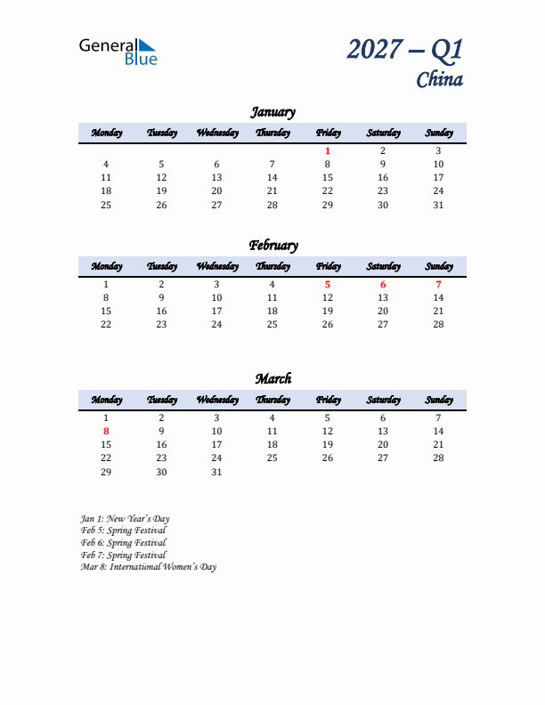 January, February, and March Calendar for China with Monday Start