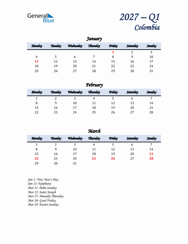 January, February, and March Calendar for Colombia with Monday Start