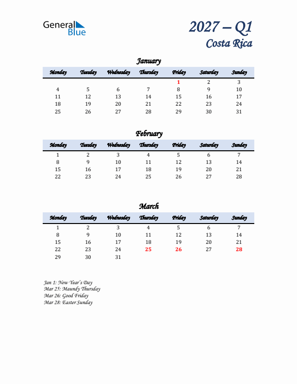 January, February, and March Calendar for Costa Rica with Monday Start