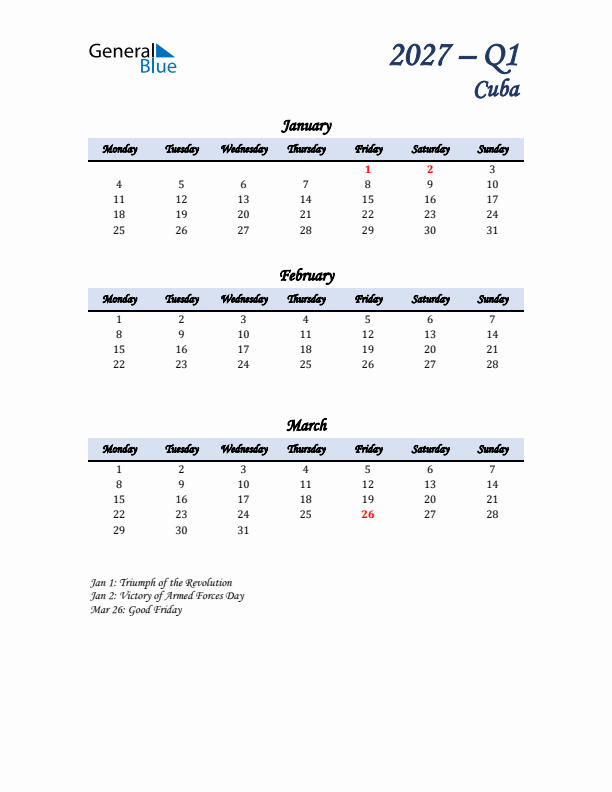 January, February, and March Calendar for Cuba with Monday Start