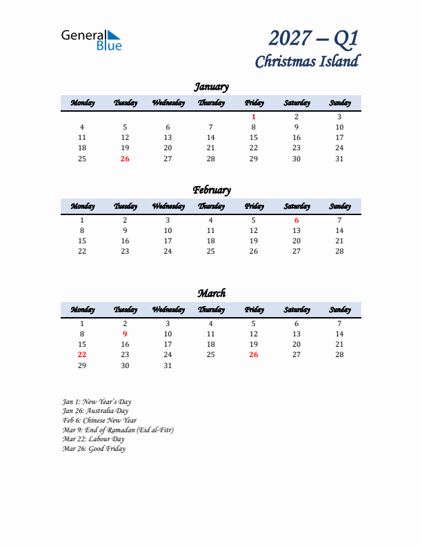 January, February, and March Calendar for Christmas Island with Monday Start