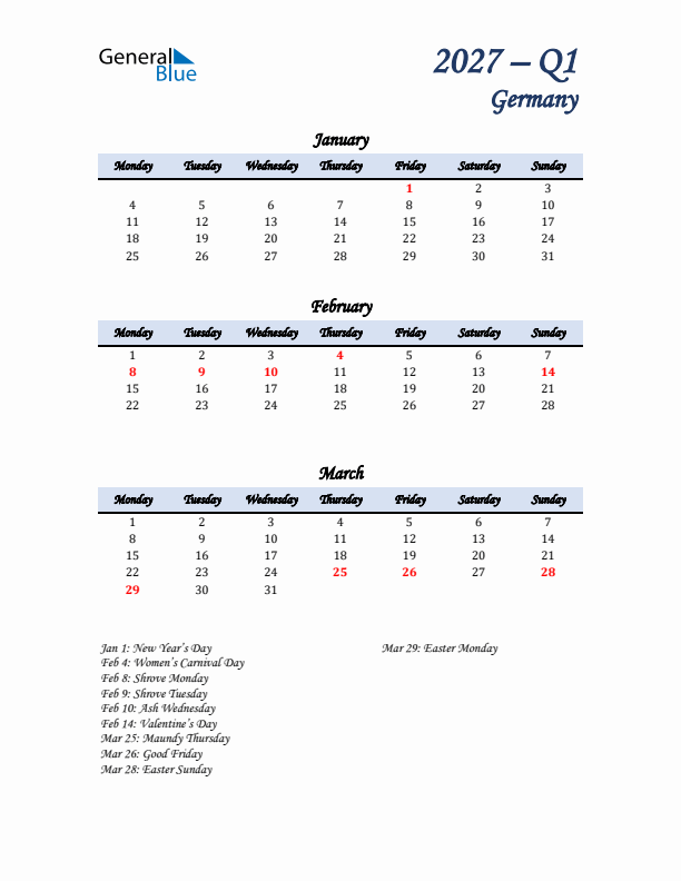 January, February, and March Calendar for Germany with Monday Start