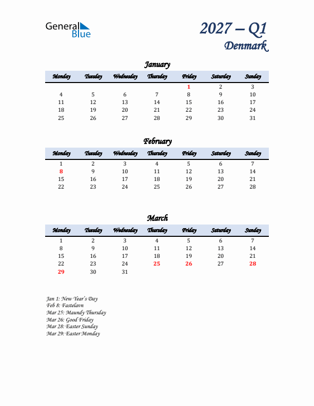 January, February, and March Calendar for Denmark with Monday Start