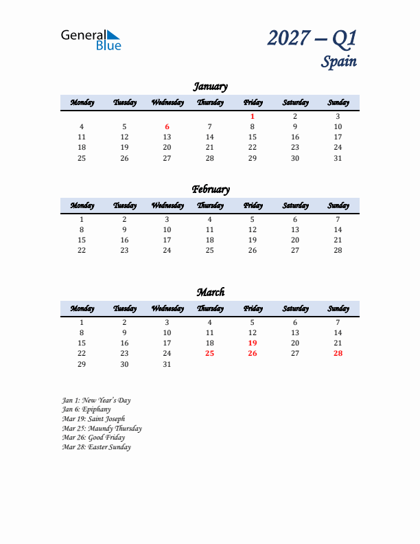 January, February, and March Calendar for Spain with Monday Start