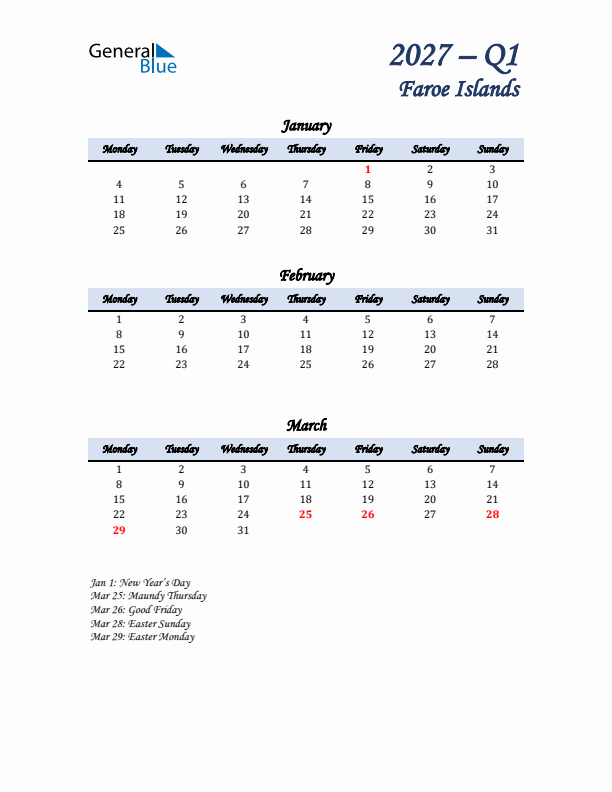 January, February, and March Calendar for Faroe Islands with Monday Start