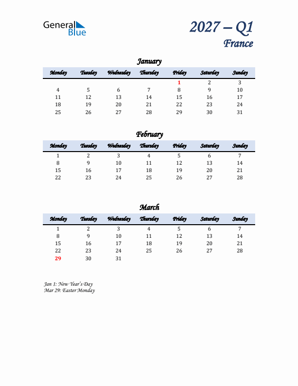 January, February, and March Calendar for France with Monday Start